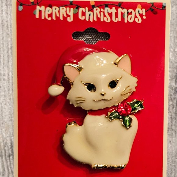 NWT Christmas Santa Kitty Cat Brooch Pin and Earrings Set - Picture 2 of 5
